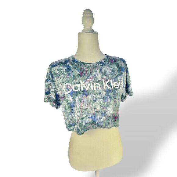 Calvin Klein Performance Cyber Floral Crop Tee Sz XS - Picture 1 of 12